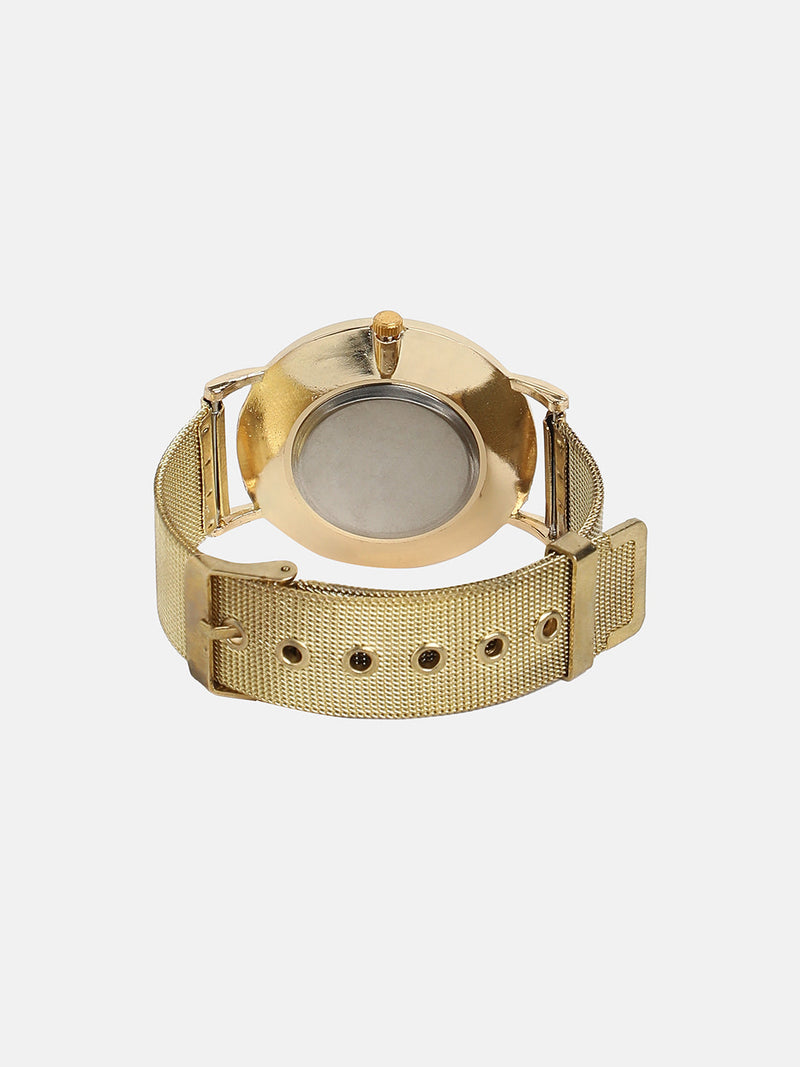 Women's Round Dial Watch With Mesh Strap - Metallic Gold