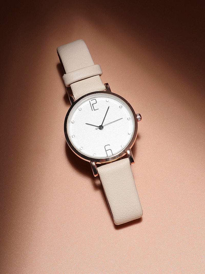 Women's Round Dial Watch With Vegan Leather Strap - Beige