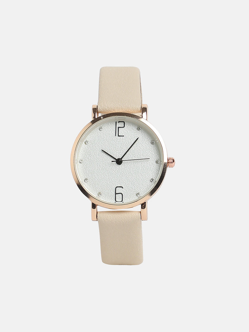 Women's Round Dial Watch With Vegan Leather Strap - Beige