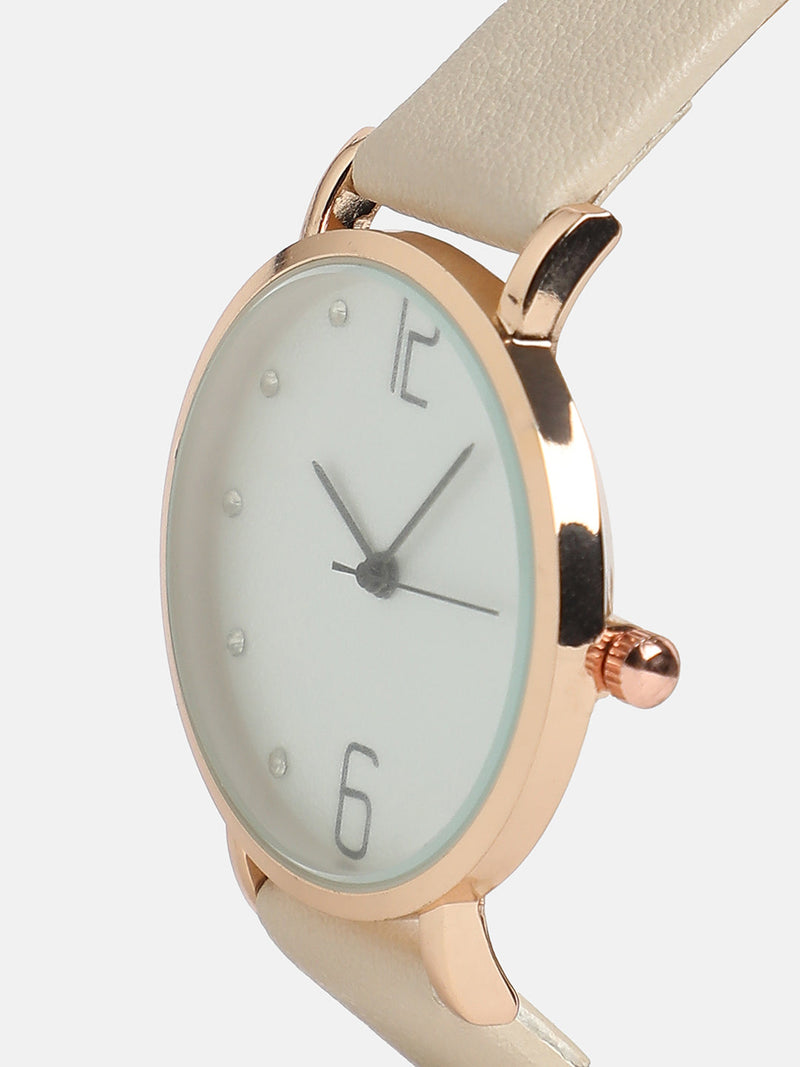 Women's Round Dial Watch With Vegan Leather Strap - Beige