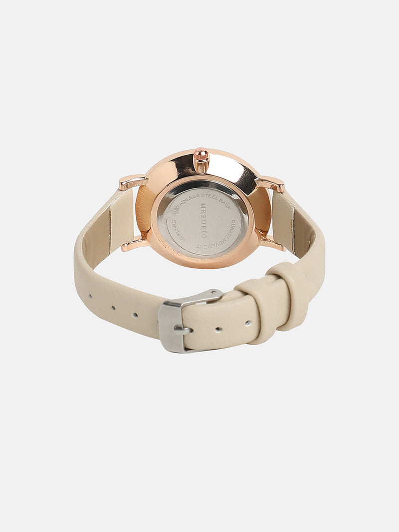 Women's Round Dial Watch With Vegan Leather Strap - Beige