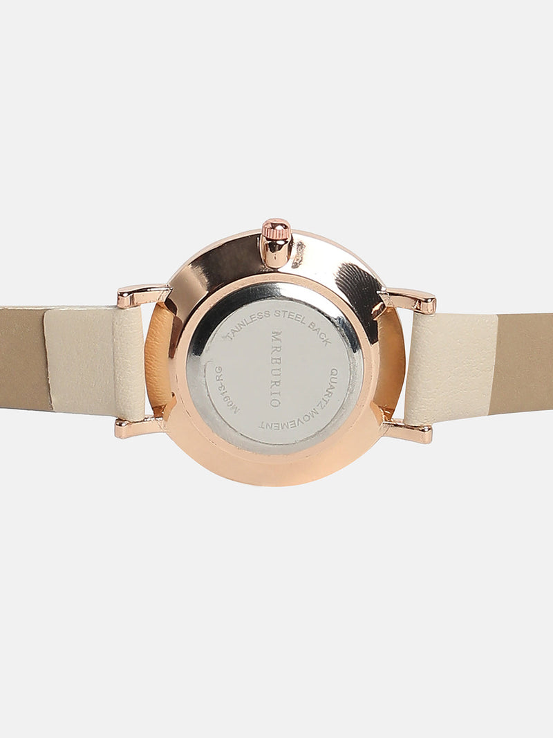 Women's Round Dial Watch With Vegan Leather Strap - Beige
