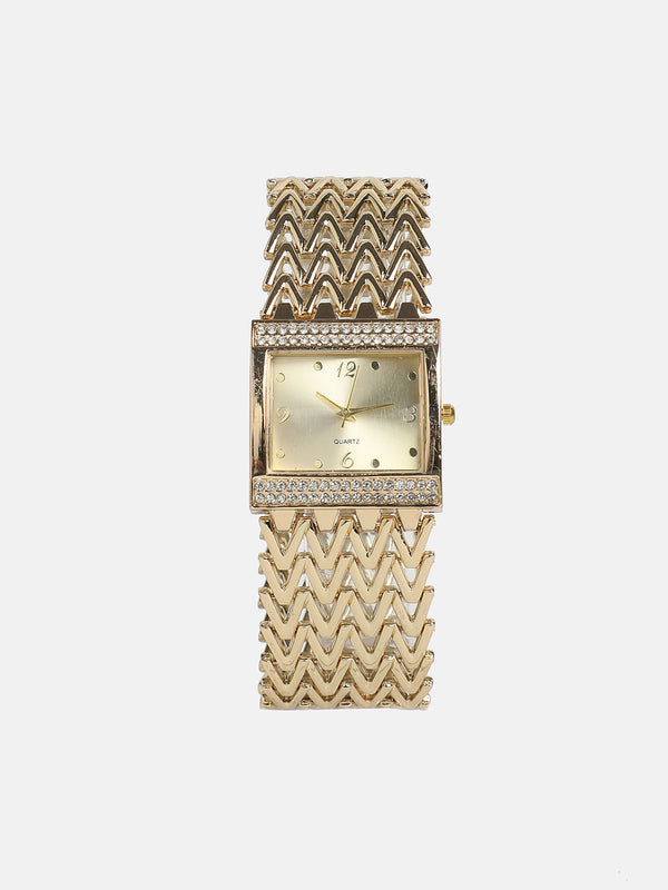 Women's Square Dial Watch With Chain Strap - Champayne Gold