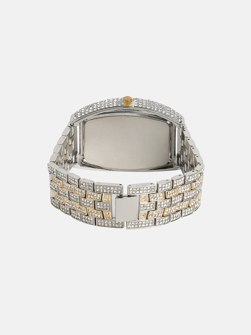 Women's Oblong Dial Watch With Chain Strap - Silver & Gold