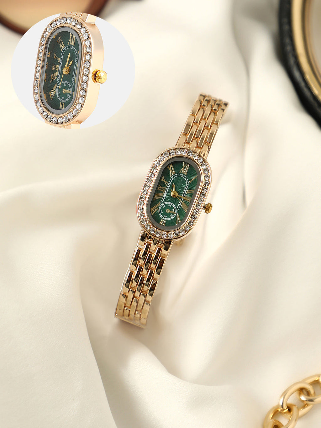 The Embellished Roman Oval Watch - Emerald Green