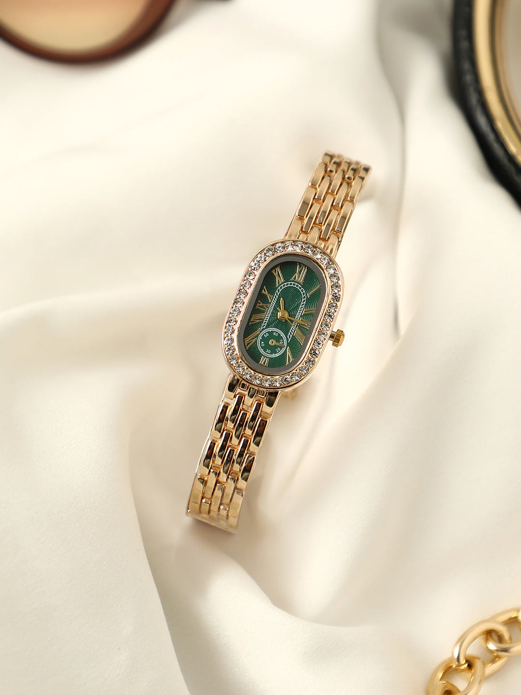 The Embellished Roman Oval Watch - Emerald Green