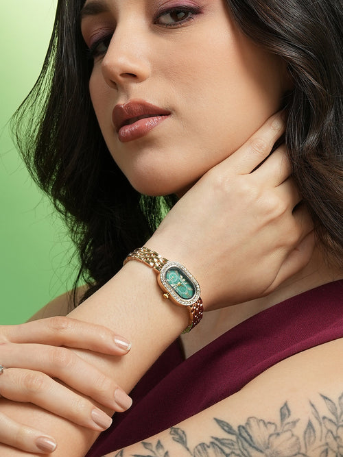 The Embellished Roman Oval Watch - Emerald Green