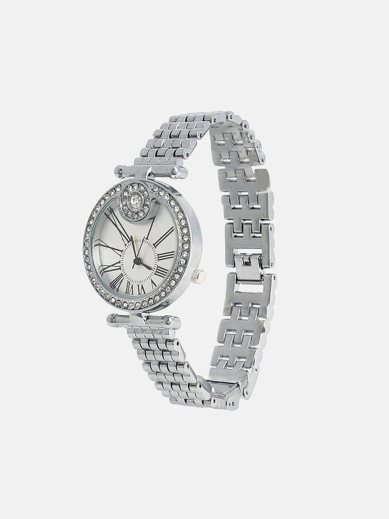 The Opulent Roman Round Watch - Metallic Silver