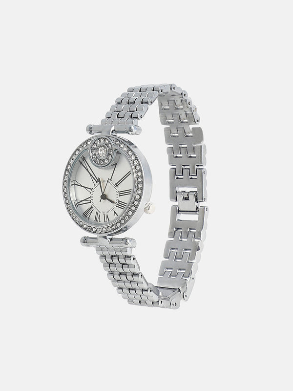 The Opulent Roman Round Watch - Metallic Silver