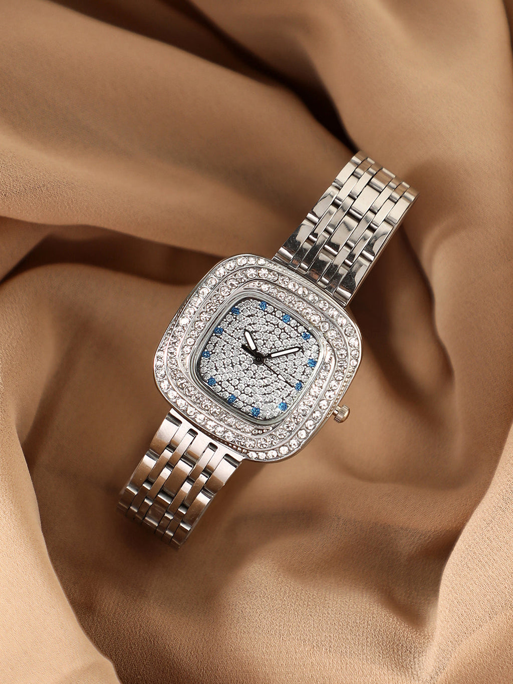 The Embellished Block Round Watch - Metallic Silver