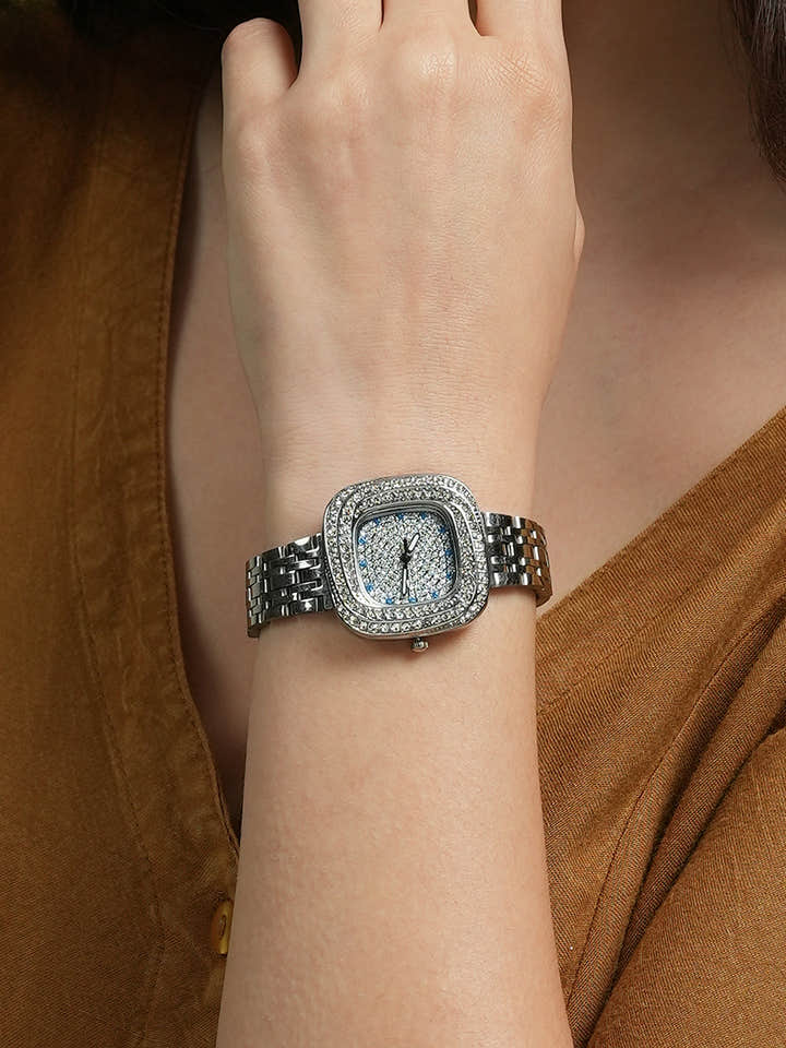 The Embellished Block Round Watch - Metallic Silver