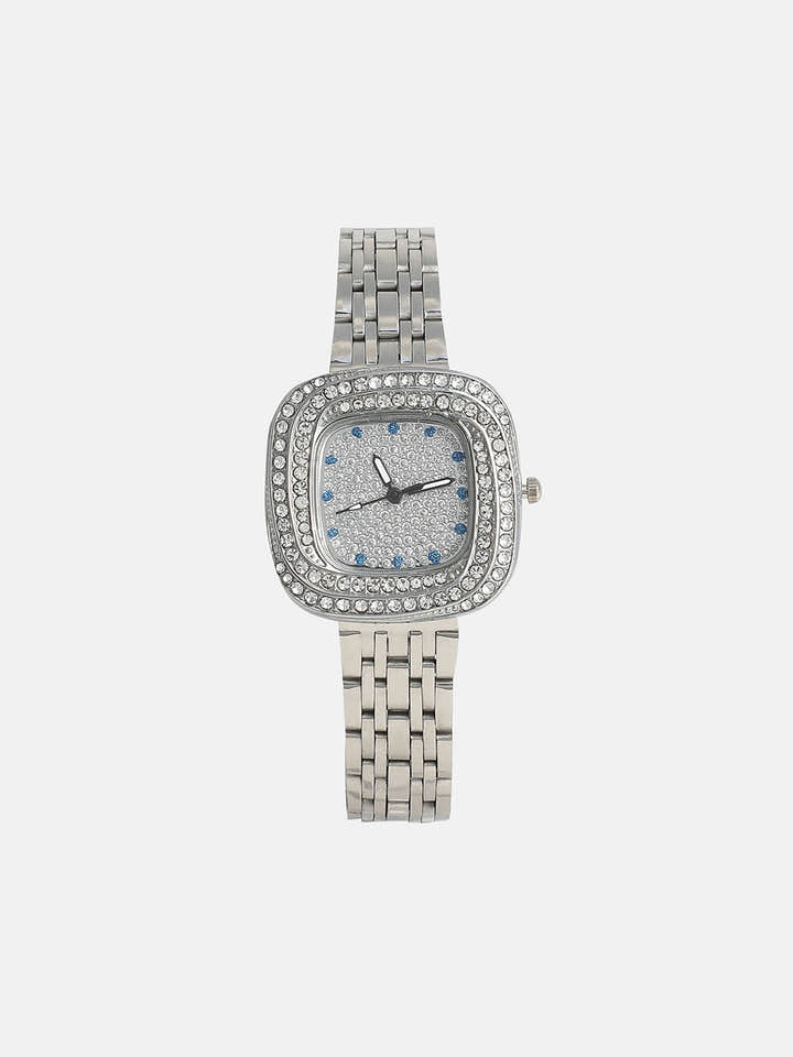 The Embellished Block Round Watch - Metallic Silver