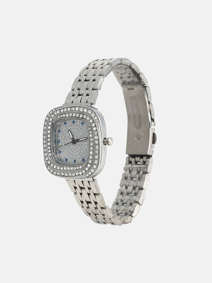 The Embellished Block Round Watch - Metallic Silver