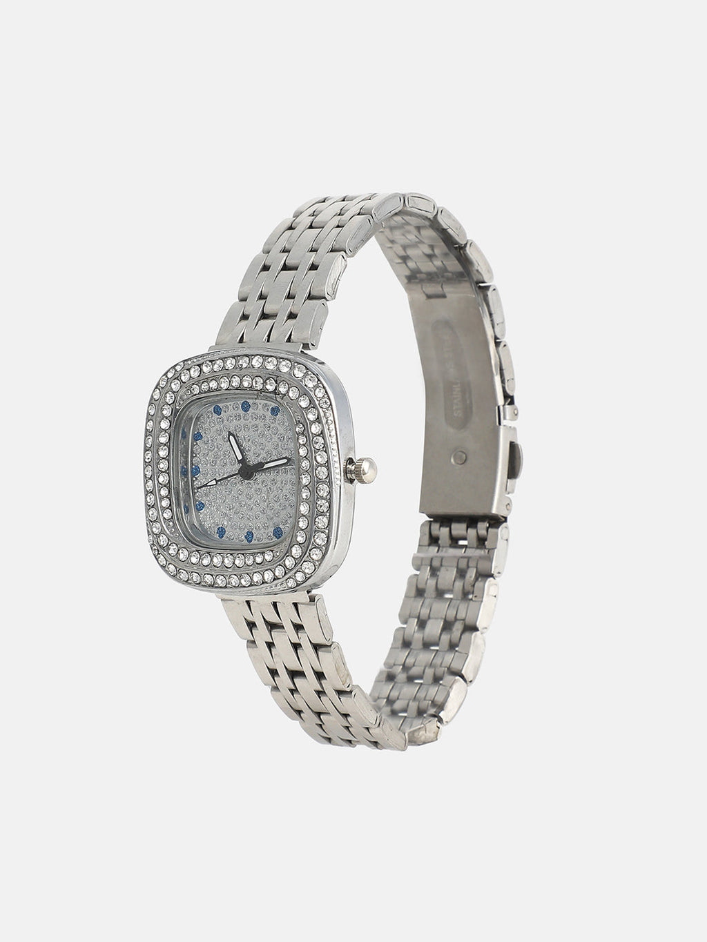 The Embellished Block Round Watch - Metallic Silver