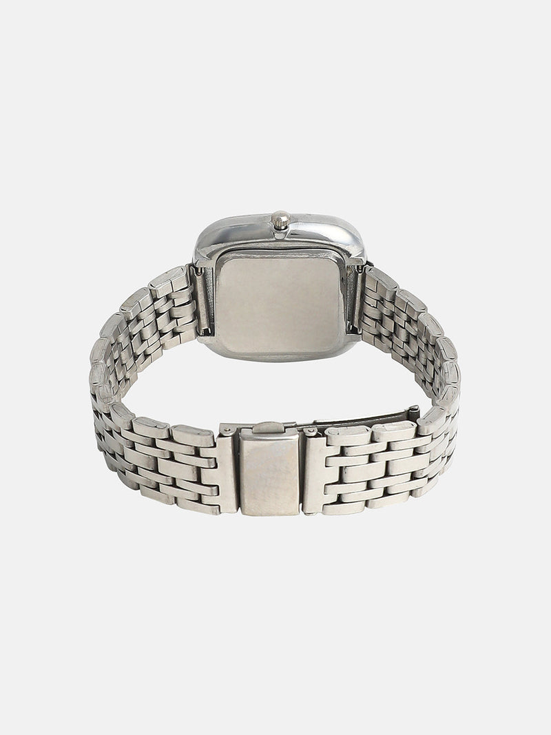 The Embellished Block Round Watch - Metallic Silver