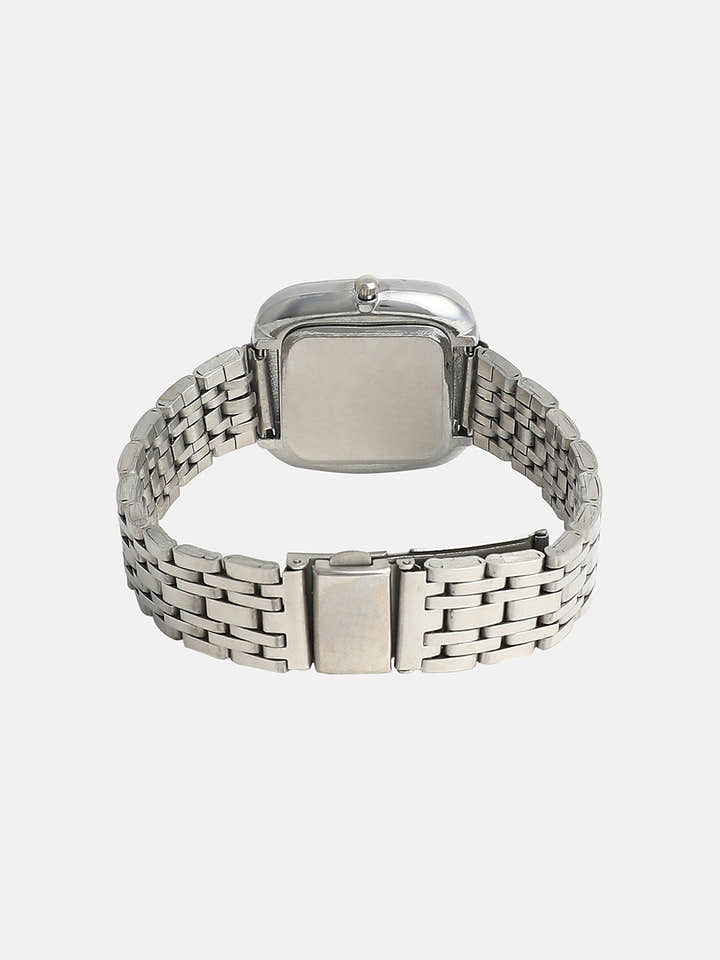 The Embellished Block Round Watch - Metallic Silver