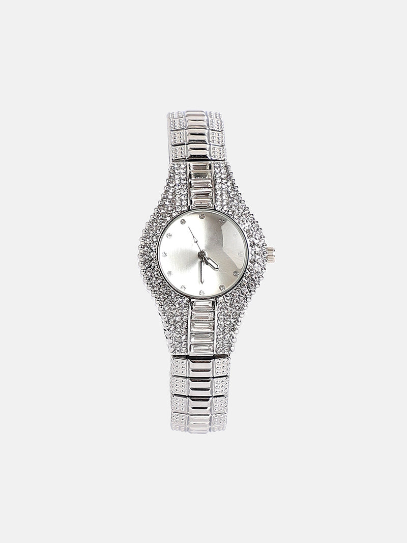 The Embellished Round Watch - Metallic Silver