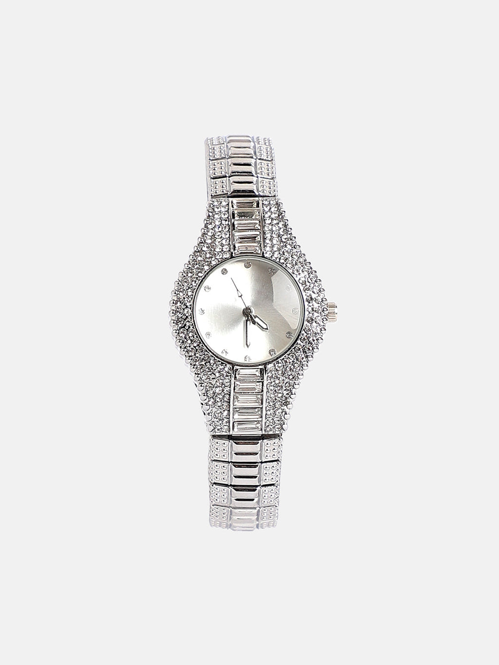 The Embellished Round Watch - Metallic Silver