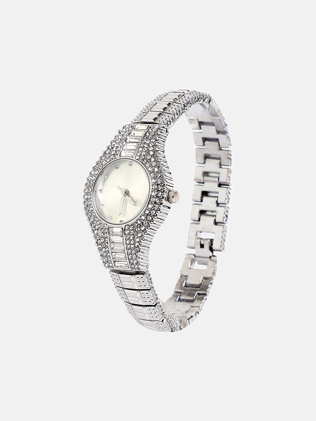 The Embellished Round Watch - Metallic Silver