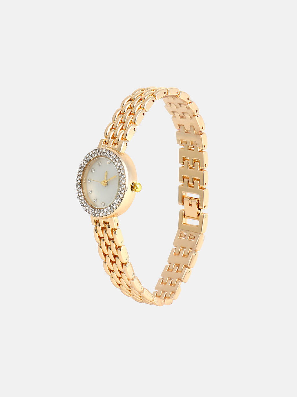 The Sleek Embellished Round Watch - Champayne Gold
