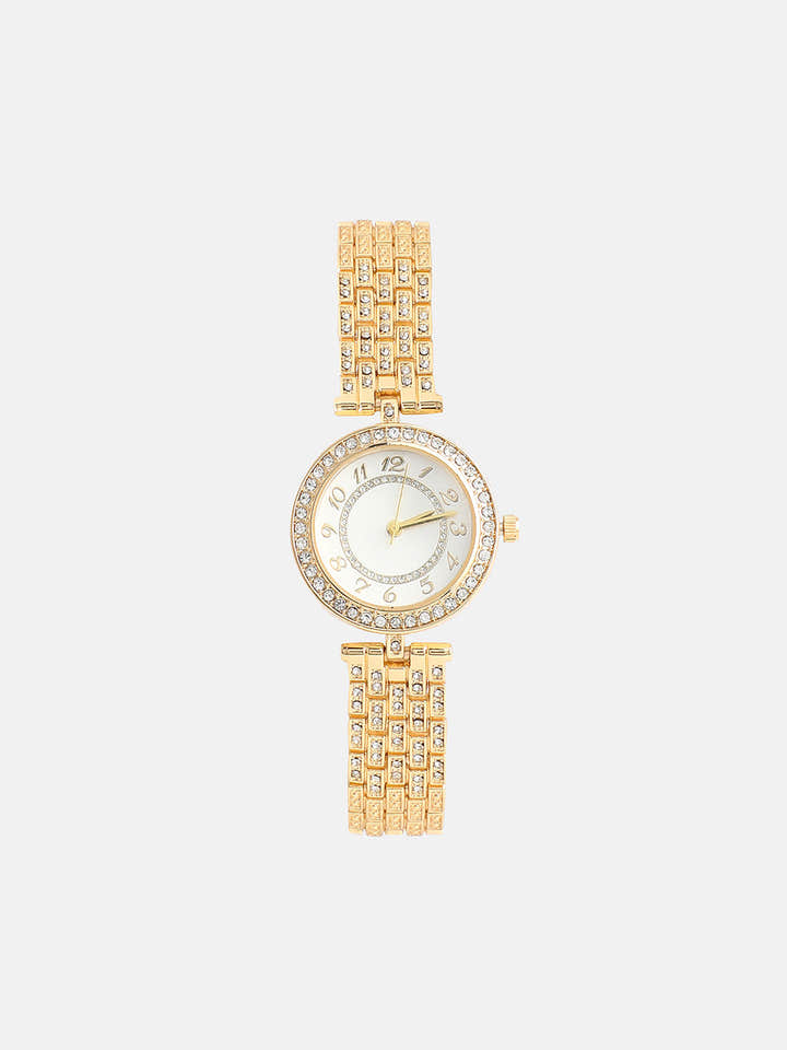 The Embellished Five-Link Round Watch - California Gold
