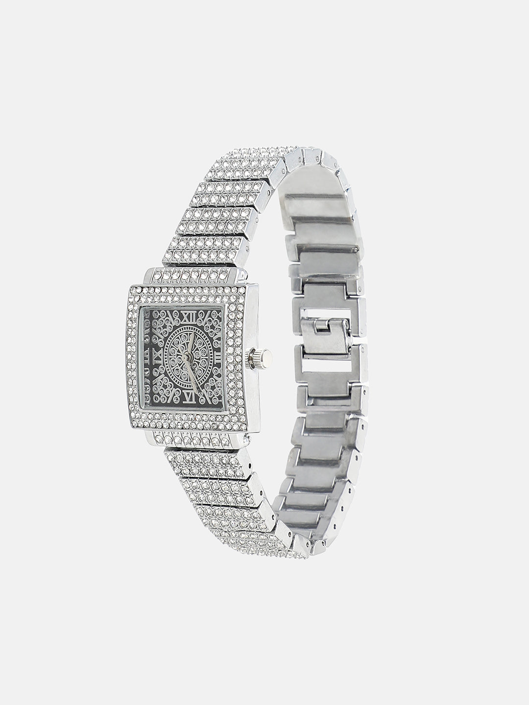 The Embellished Geometric Round Watch - Crystal Silver