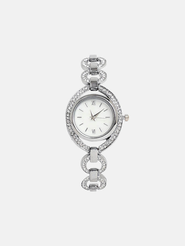 The Embellished Chainlink Round Watch - Metallic Silver