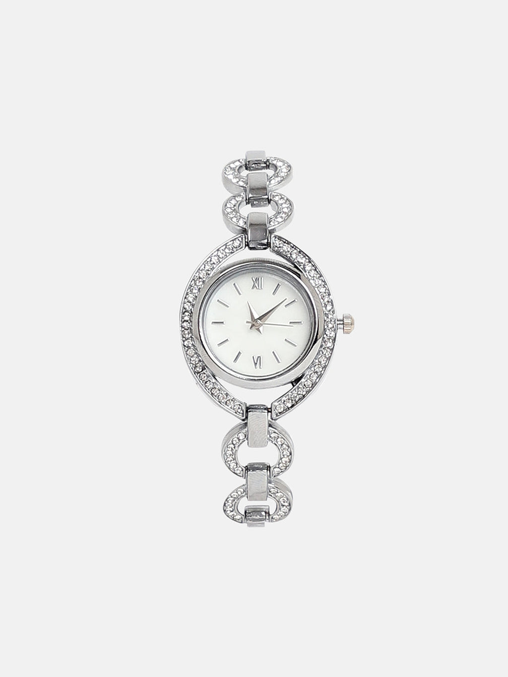 The Embellished Chainlink Round Watch - Metallic Silver