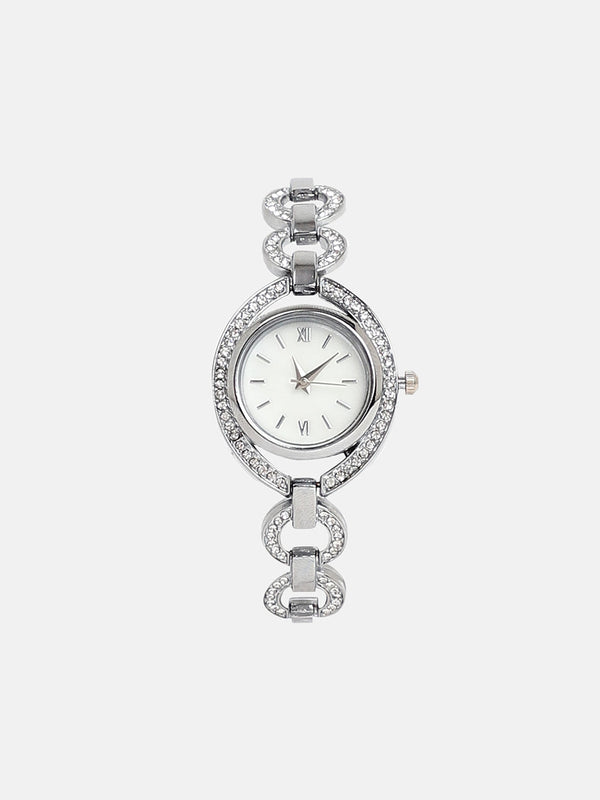 The Embellished Chainlink Round Watch - Metallic Silver
