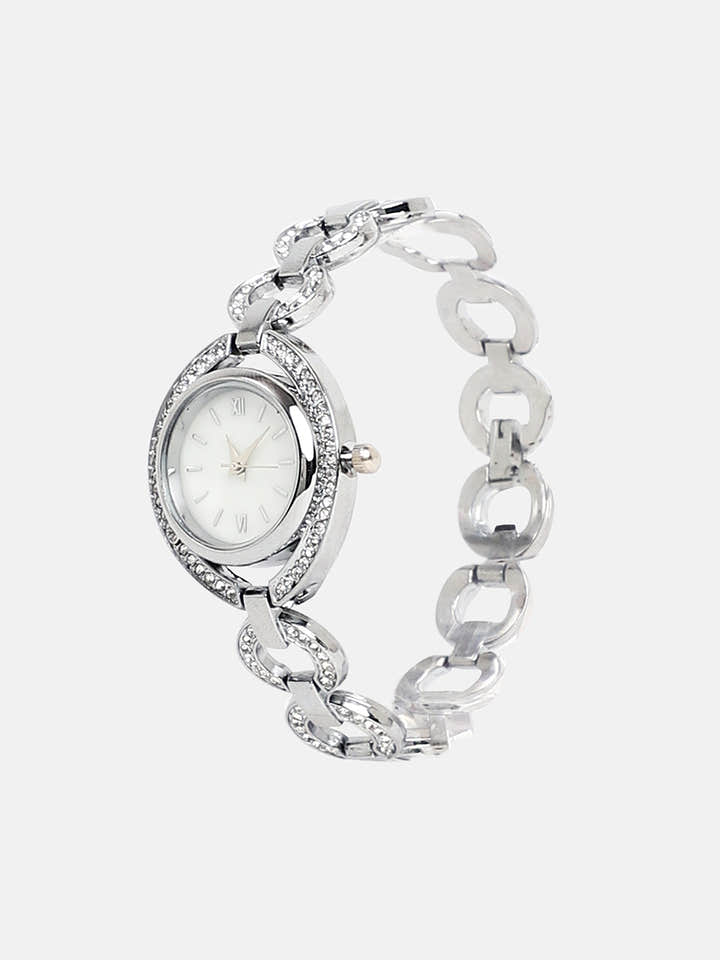 The Embellished Chainlink Round Watch - Metallic Silver