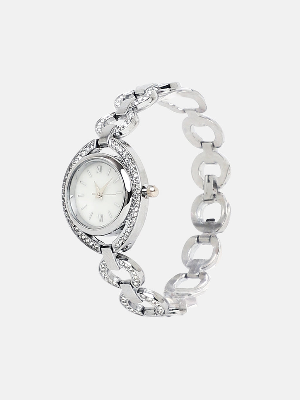 The Embellished Chainlink Round Watch - Metallic Silver