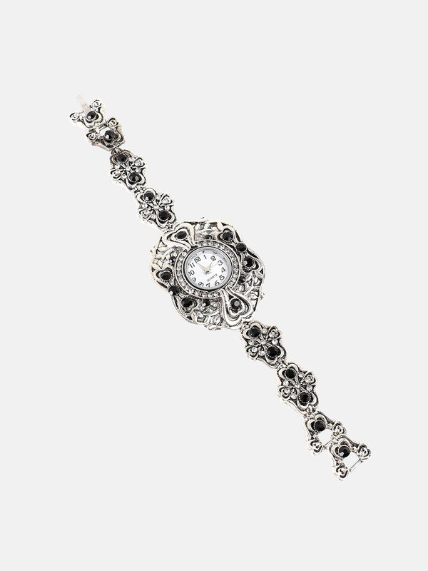 The Stone Foliage Round Watch - Antique Silver