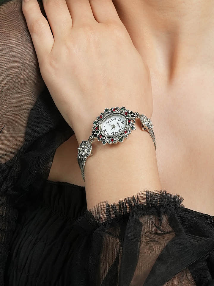 The Stone Chainlink Oval Watch - Antique Silver