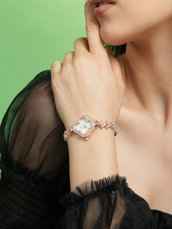 The Embellished Clover Watch - Champayne Gold