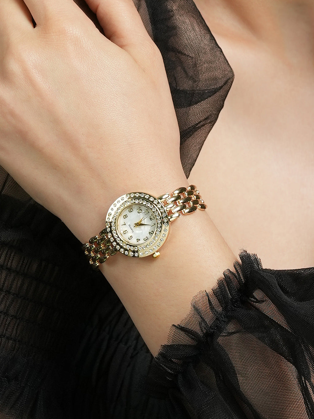 The Halo Beads Of Rice Round Watch - Champayne Gold