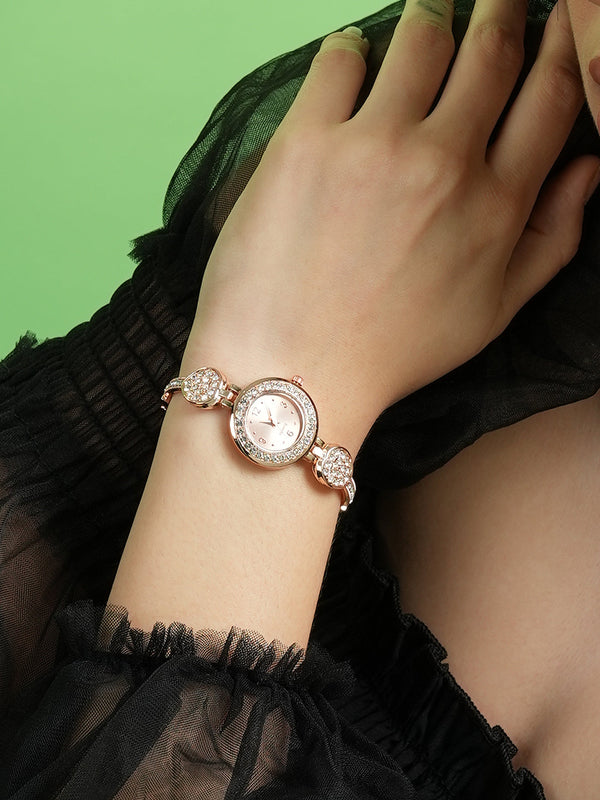The Embellished Leaf Round Watch - Champayne Gold