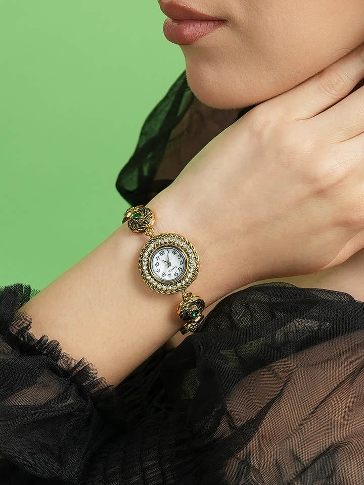 The Stone Swirl Round Watch - Antique Gold