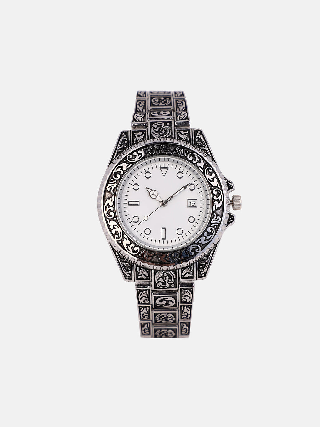 The Antique Embossed Round Watch - Chalice Silver
