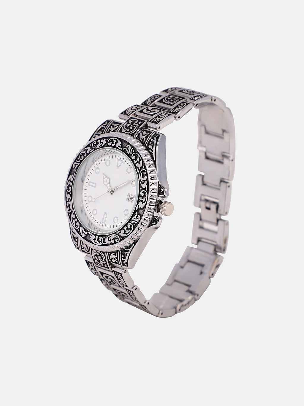 The Antique Embossed Round Watch - Chalice Silver