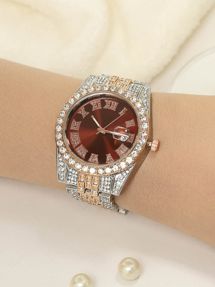 The Bijou Roman-Block Round Watch - California Gold & Metallic Silver