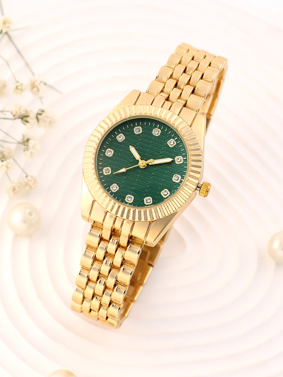 The Ribbed H-Link Round Watch - Emerald Green