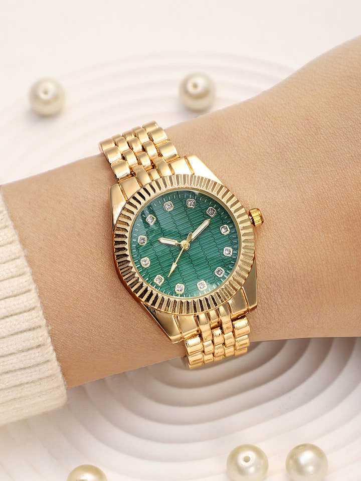 The Ribbed H-Link Round Watch - Emerald Green