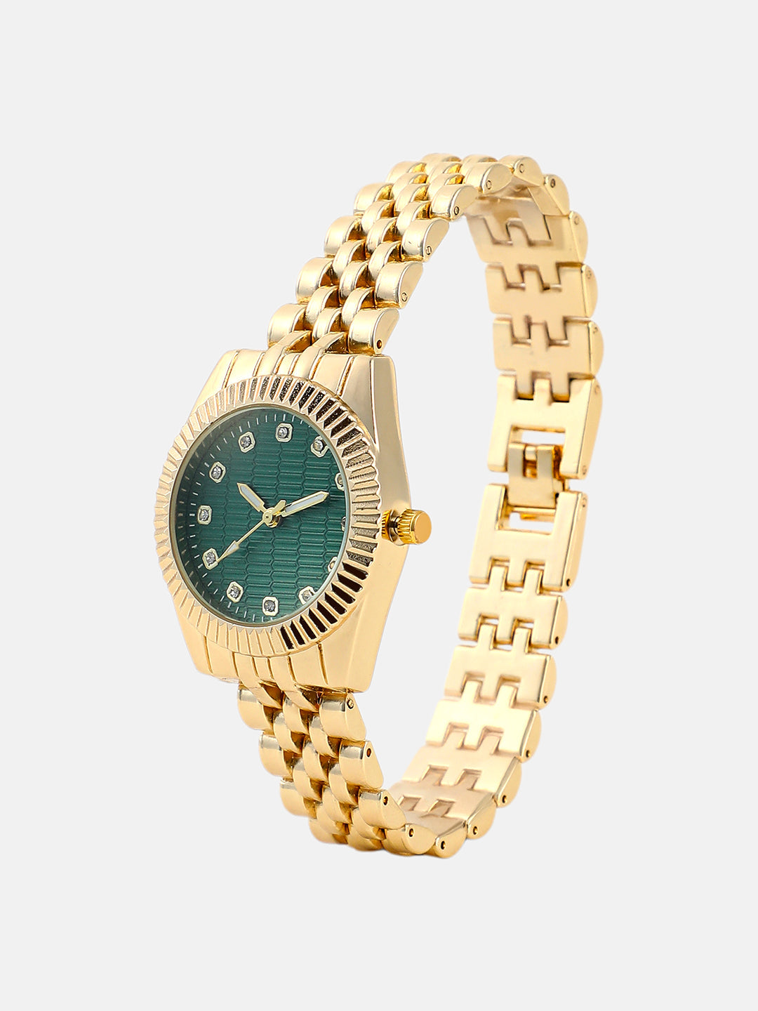 The Ribbed H-Link Round Watch - Emerald Green