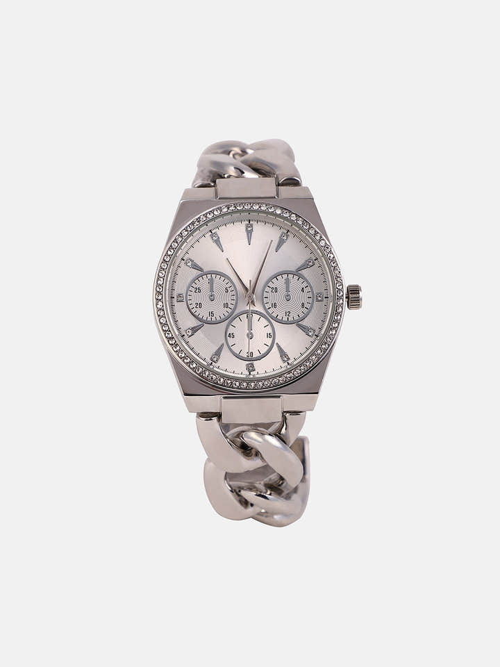 The Three-Dial Chunkylink Cushion Watch - Metallic Silver