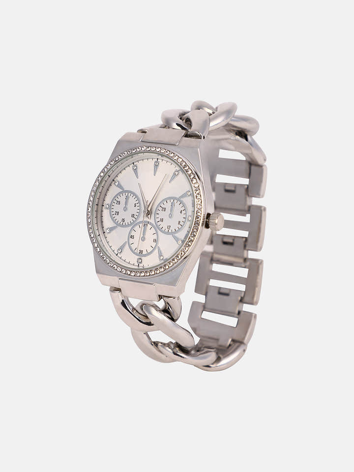 The Three-Dial Chunkylink Cushion Watch - Metallic Silver