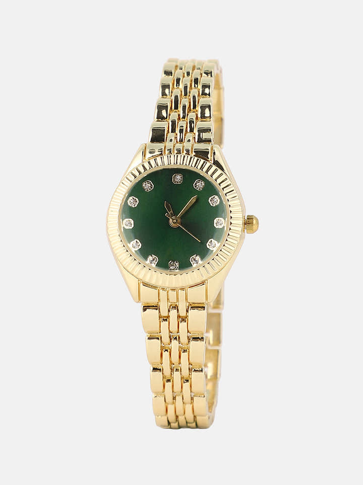 The Slim Ribbed H-Link Round Watch - Emerald Green