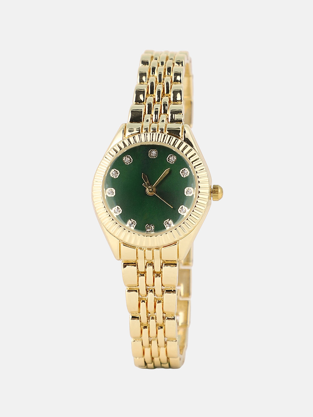 The Slim Ribbed H-Link Round Watch - Emerald Green