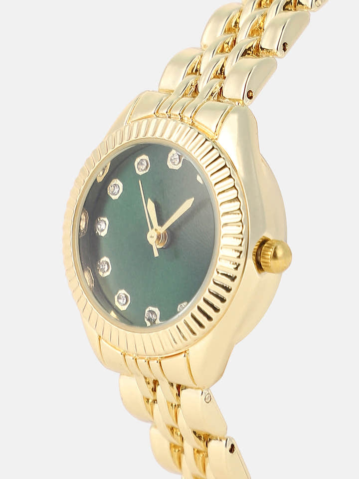 The Slim Ribbed H-Link Round Watch - Emerald Green