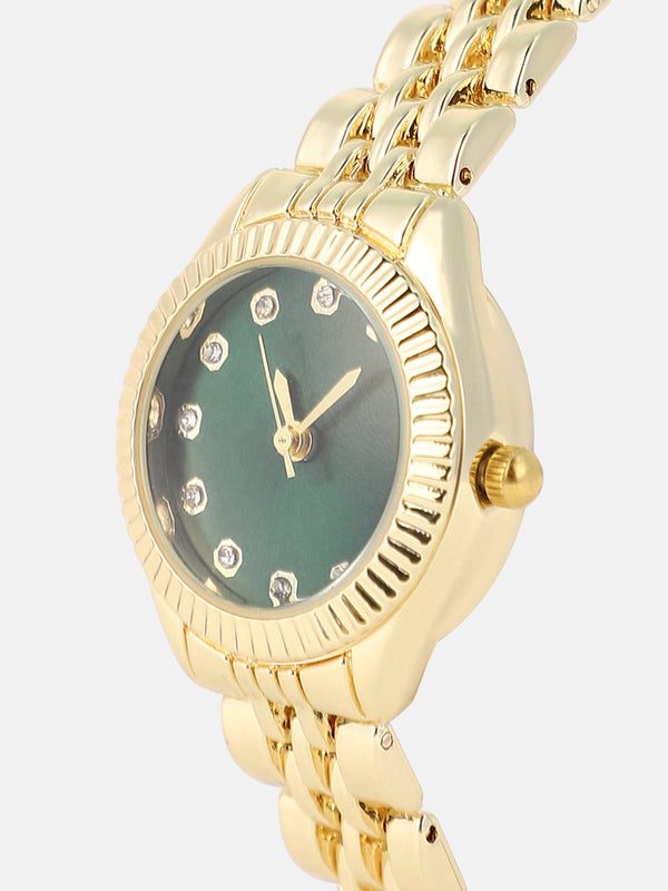 The Slim Ribbed H-Link Round Watch - Emerald Green