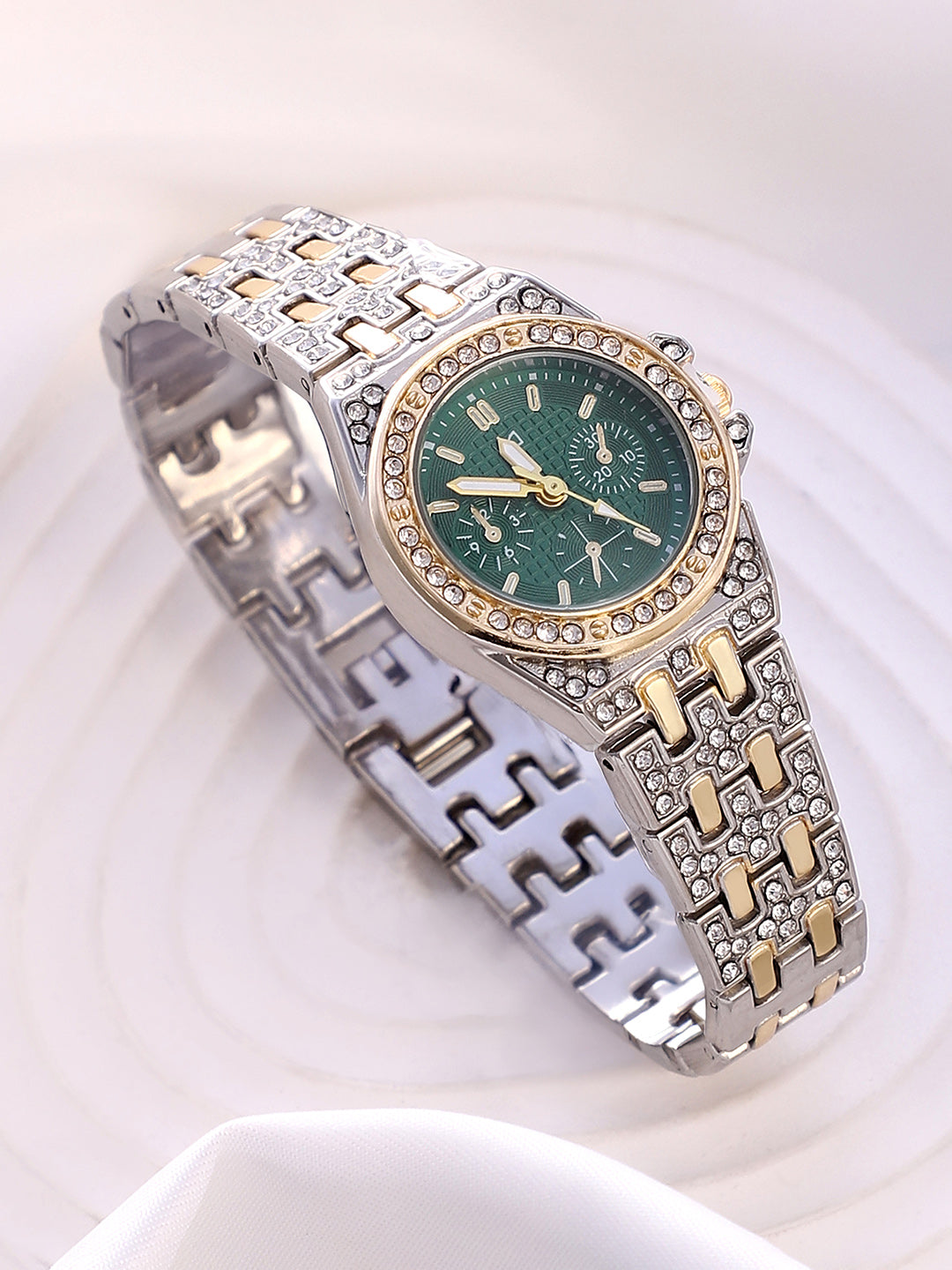 The Geneva H-Link Round Watch - Metallic Silver & Emerald Green